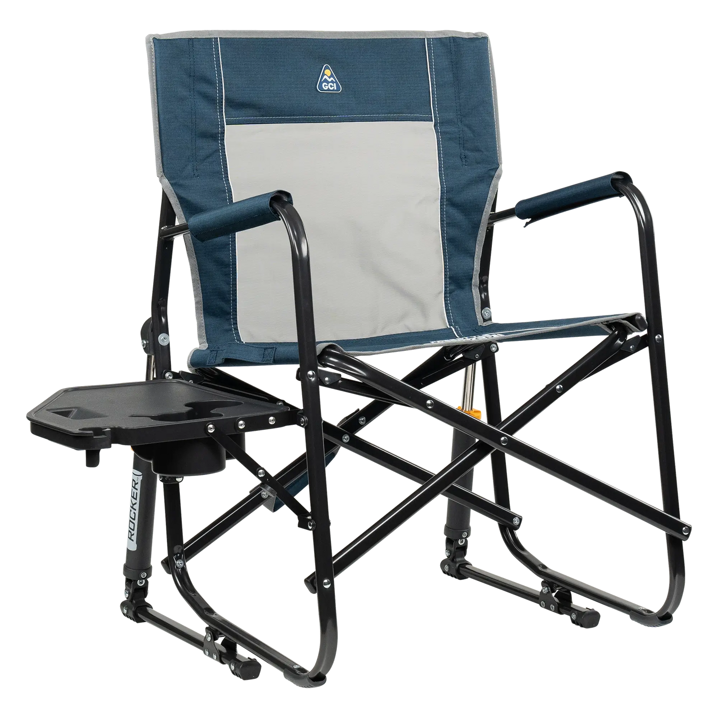 Premium All-Weather Freestyle Rocker with Side Table - Choice 853 - Patented Spring-Action Rocking Chair for Camping - Heathered Indigo