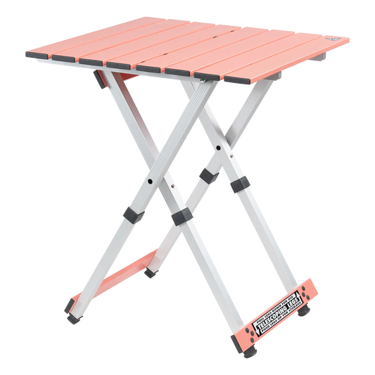 Heavy-Duty Grilling Compact Camp Table 20 - Choice 513 - Slim-Fold Outdoor Cook Station with Storage Shelves - Coral