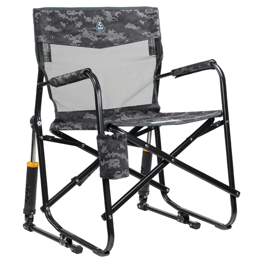 Luxury Camp Freestyle Rocker Elite - Choice 460 - Heavy-Duty Kickback Rocker with Beverage Holder - Cool Gray Camo