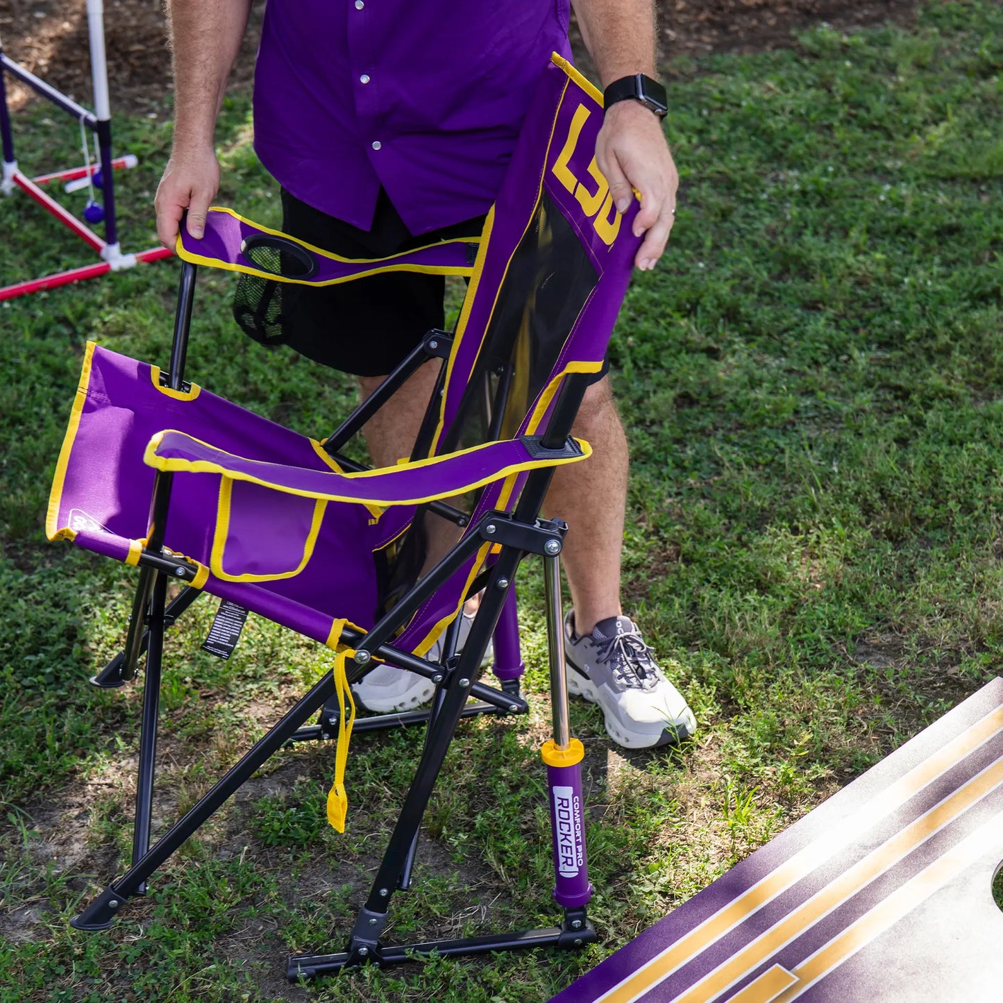 Premium All-Weather College Comfort Pro Rocker - LSU Tigers - Choice 880 - Patented Spring-Action Rocking Chair for Camping Detail
