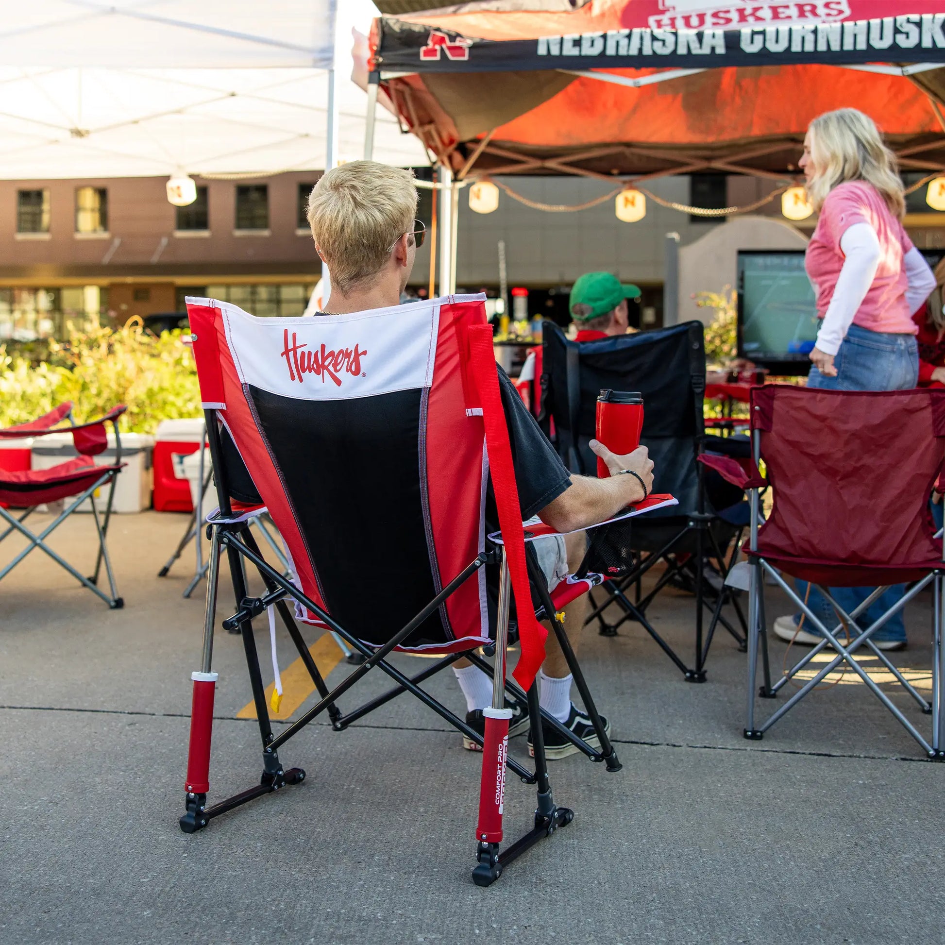 Premium All-Weather College Comfort Pro Rocker - Nebraska Cornhuskers - Choice 161 - Heavy-Duty Kickback Rocker with Beverage Holder Detail