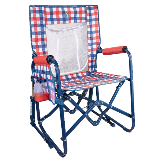 Patented Spring-Action Stowaway Rocker with Storage Pouch - Choice 573 - Heavy-Duty Kickback Rocker with Beverage Holder - Patriotic Plaid