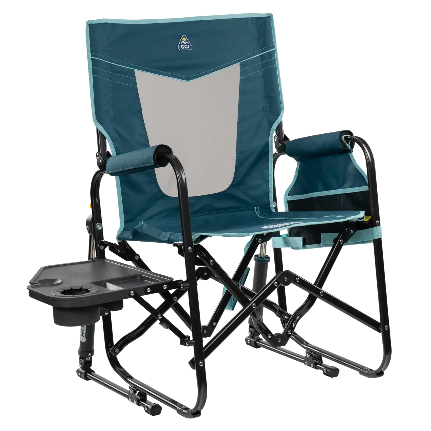 Heavy-Duty Freestyle Stowaway Rocker with Side Table - Choice 253 - Patented Spring-Action Rocking Chair for Camping - Teal