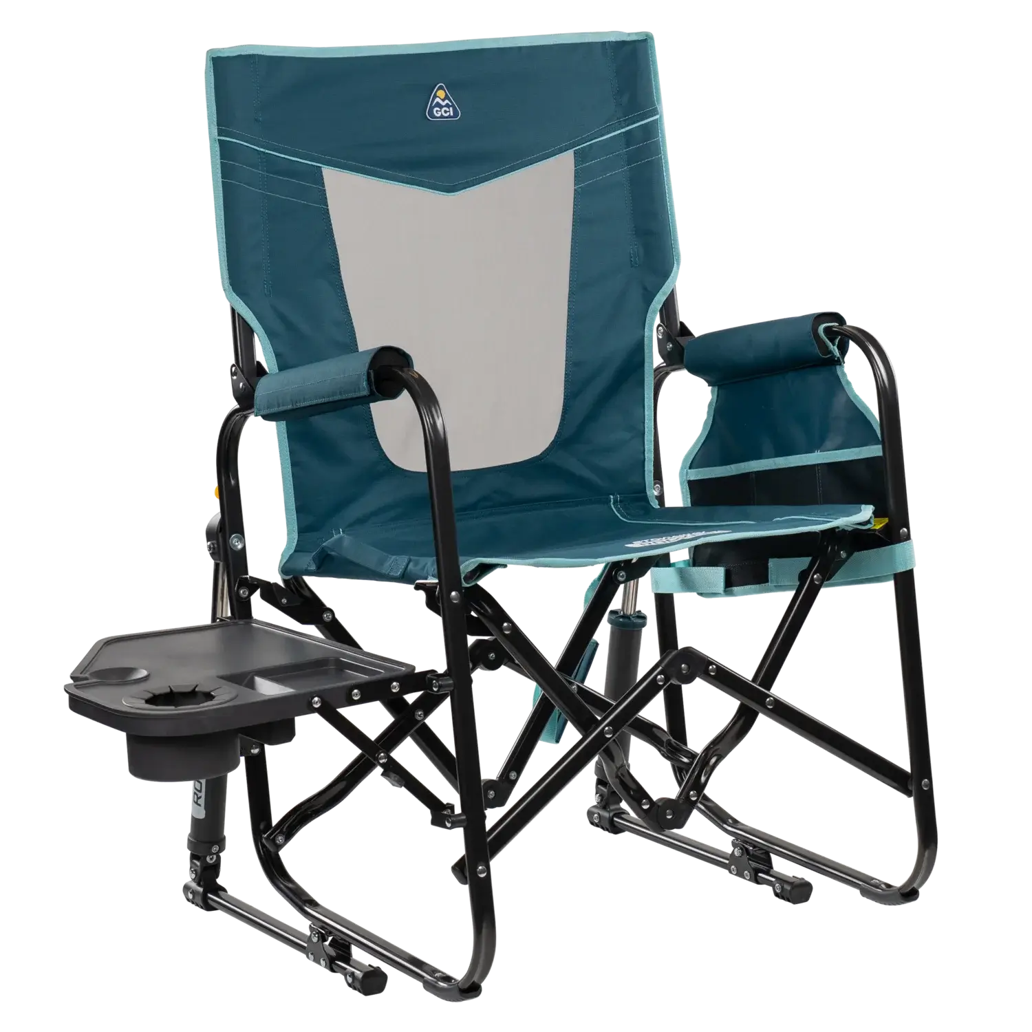 Heavy-Duty Freestyle Stowaway Rocker with Side Table - Choice 253 - Patented Spring-Action Rocking Chair for Camping - Teal
